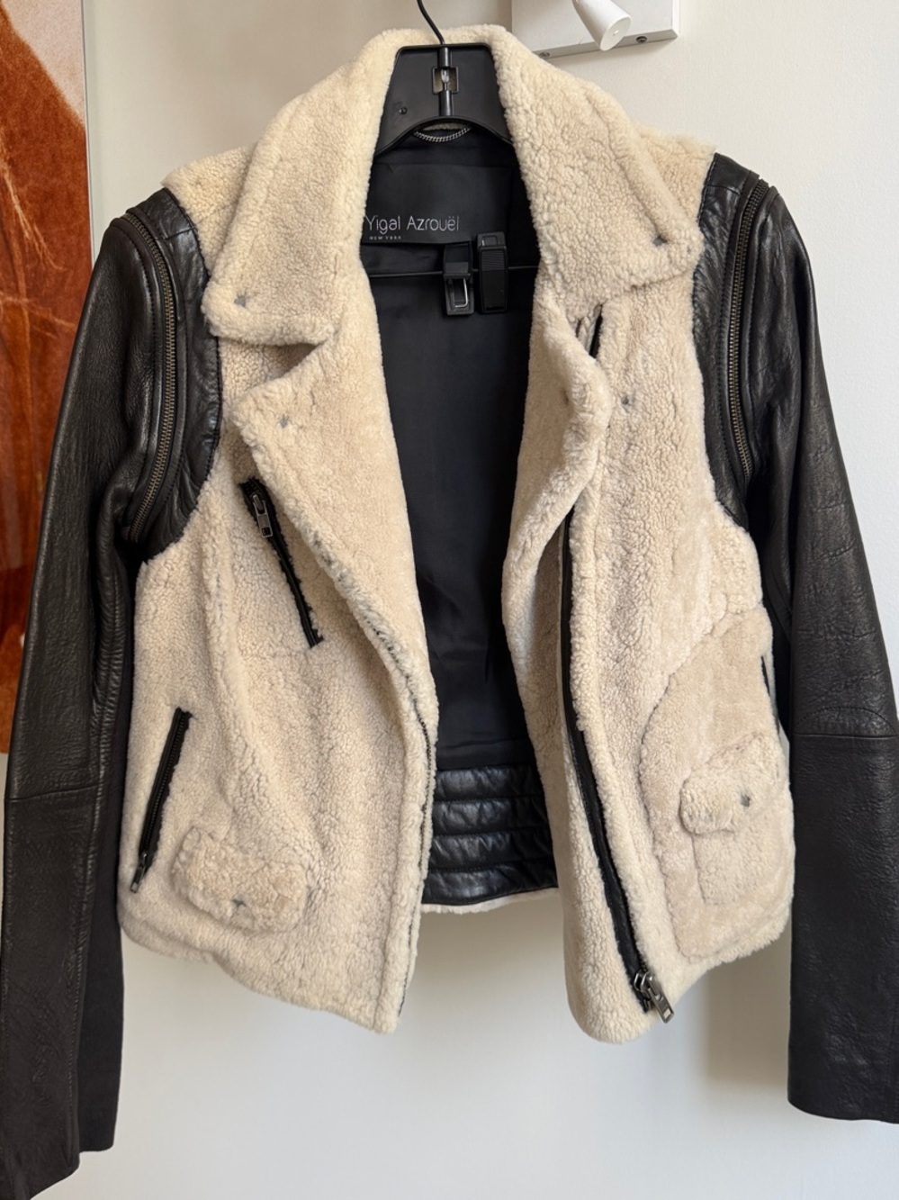 Yigal Azrouel Cream Shearling and Black Leather Moto Jacket